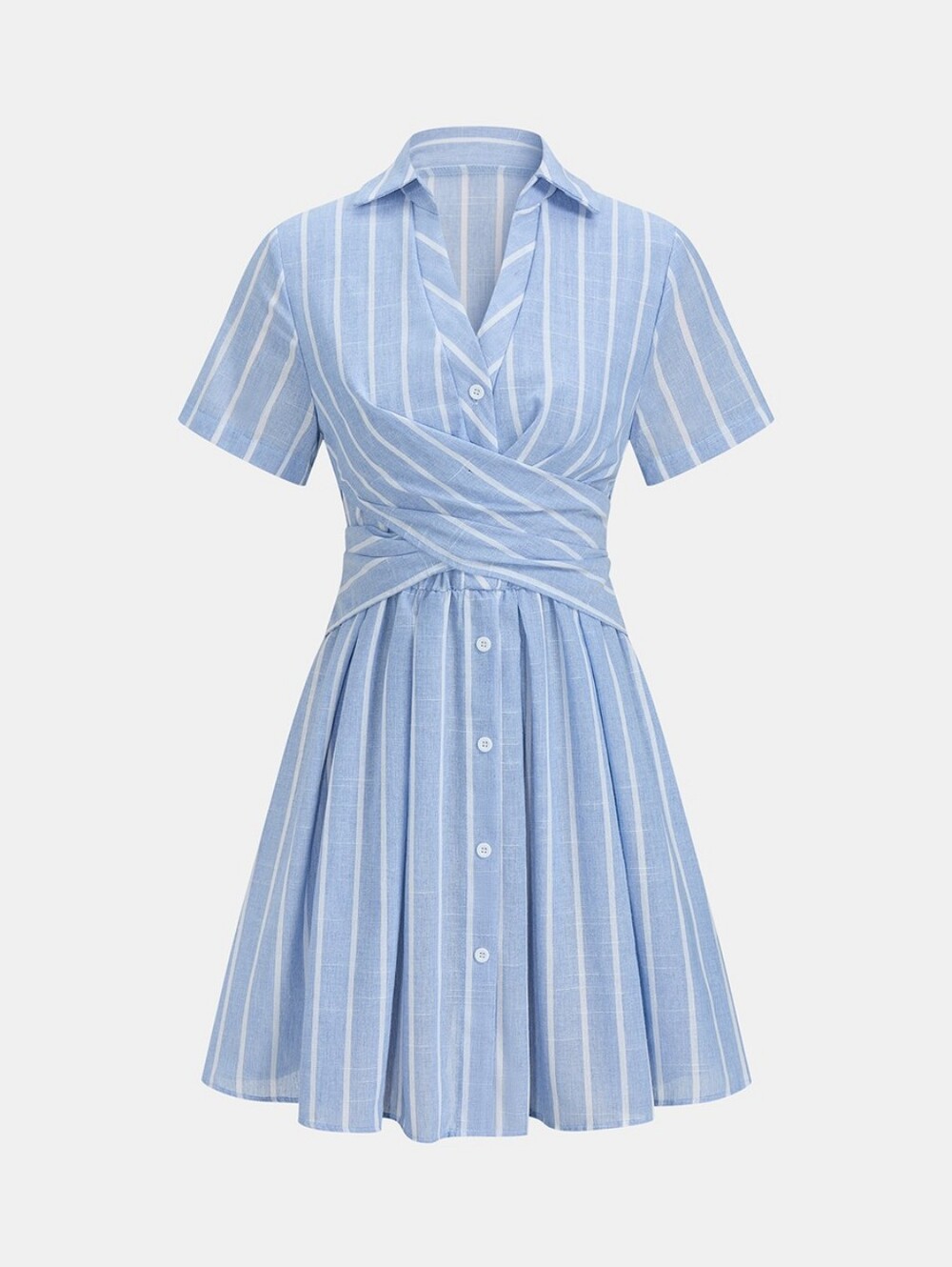 Commense Blue and White Striped Collared Short Wrap Dress